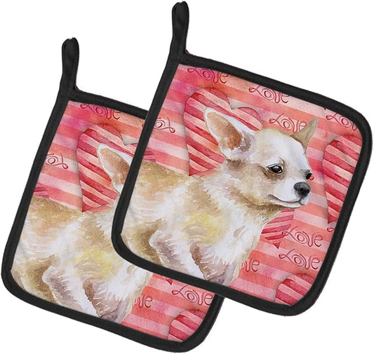 Caroline's Treasures BB9784PTHD Chihuahua Leg up Love Pair of Pot Holders, Red Kitchen Heat Resistant Pot Holders Sets Oven Hot Pads for Cooking Baking BBQ, 7 1/2 x 7 1/2