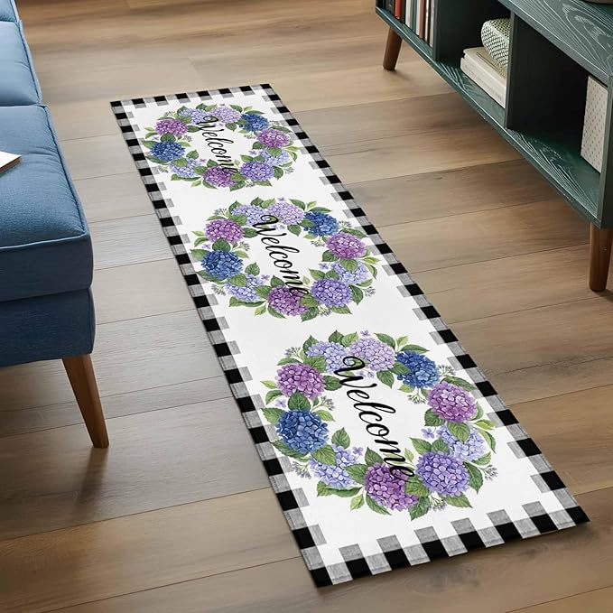 Runner Rug for Bedroom Hallway, Summer Hydrangea Leaf Kitchen Runner Rugs Area Rug 2x6ft, Purple Blue Flower Buffalo Check Washable Soft Floor Carpet for Entryway Stair