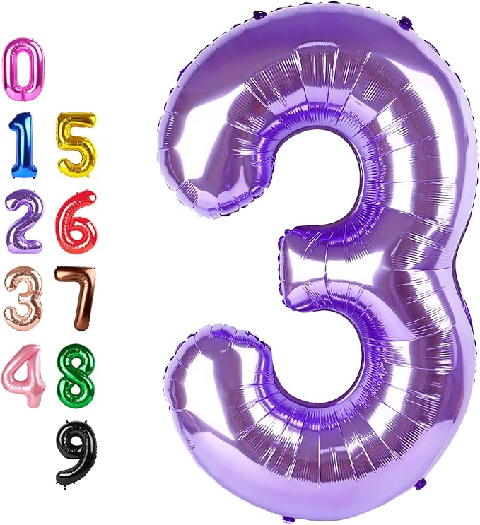 40 Inch Numbers 3 Balloon, Three Purple Happy Birthday Balloons for Girls Boys Babies, Number Balloons for 3 13 23 30 Wedding Bridal Shower Anniversaries Party