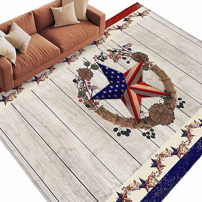 Area Rug 6x9ft, Retro USA Flag Star and Berry Washable Rugs for Living Room Bedroom, Wooden Texture Soft Non-Slip Area Rugs Rectangle Floor Carpet for Dining Room