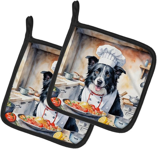 Caroline's Treasures Border Collie The Chef Pair of Pot Holders Kitchen Heat Resistant Pot Holders Sets Oven Hot Pads for Cooking Baking BBQ, 7 1/2 x 7 1/2