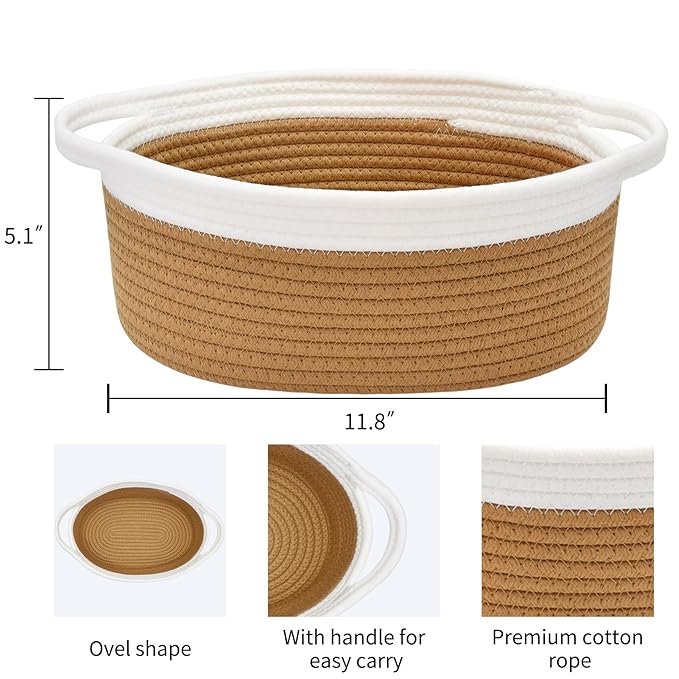 ABenkle Small Basket with Handles, Boho Decorative Rope Woven Dog Cat Toy Storage Bin Shelf Storage Organizer, Easter Christmas Gift Basket, 12"x8"x5", Brown