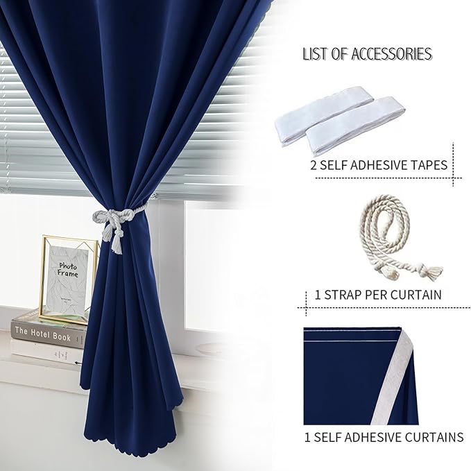 Self Adhesive Portable Blackout Curtains for Bedroom Easy to Install Window Thermal Lnsulated Kitchen Room Darkening Small Window Curtains, 47" W X 71" L, Navy Blue, 1 Panel