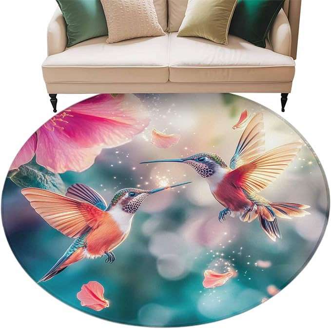Washable Round Area Rug Spring Hummingbird Pink Petals Flowers Circle Rugs Floor Carpet for Living Room Bedroom, Dreamlike Animal Focus Scenery Soft Non Slip Round Rug 5ft