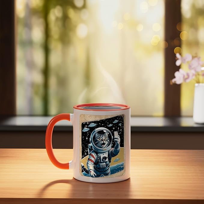 Space Cat Astronaut UFO Funny Sci-fi Alien Selfie Ceramic Mug, Orange/White