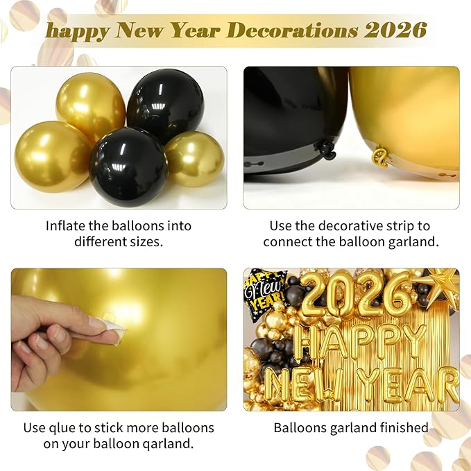 Happy New Years Decorations 2026 Eve Party Supplies with Black Gold Confetti Balloons New Year Banner Gold Fringe Curtain Backdrop for Nye Decorations