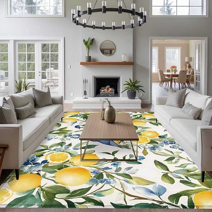 Area Rug 6x9ft, Pastoral Vintage Lemon Blue Bird Washable Rugs for Living Room Bedroom, Retro Yellow Fruit Flowers Soft Non-Slip Area Rugs Rectangle Floor Carpet for Dining Room