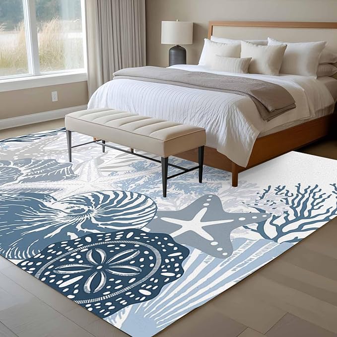 Area Rug 9x12ft, Underwater Blue Shells Starfish Coral Washable Rugs for Living Room Bedroom Rectangle Floor Carpet, Summer Botantical Soft Non-Slip Area Rugs for Dining Room