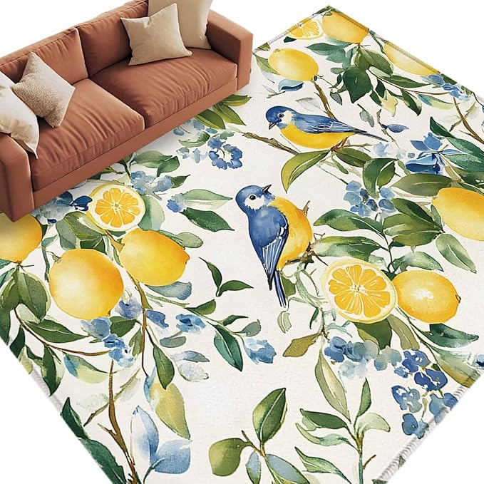 Area Rug 6x9ft, Pastoral Vintage Lemon Blue Bird Washable Rugs for Living Room Bedroom, Retro Yellow Fruit Flowers Soft Non-Slip Area Rugs Rectangle Floor Carpet for Dining Room