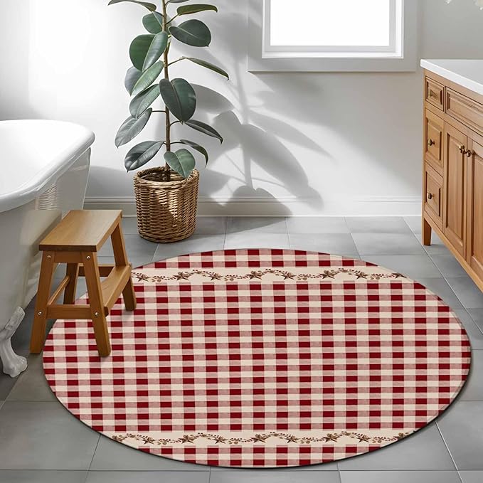 Washable Round Area Rug Vintage Red Buffalo Plaid Berry Circle Rugs Floor Carpet for Living Room Bedroom, Farmhouse Western Star Soft Non Slip Round Rug 4ft