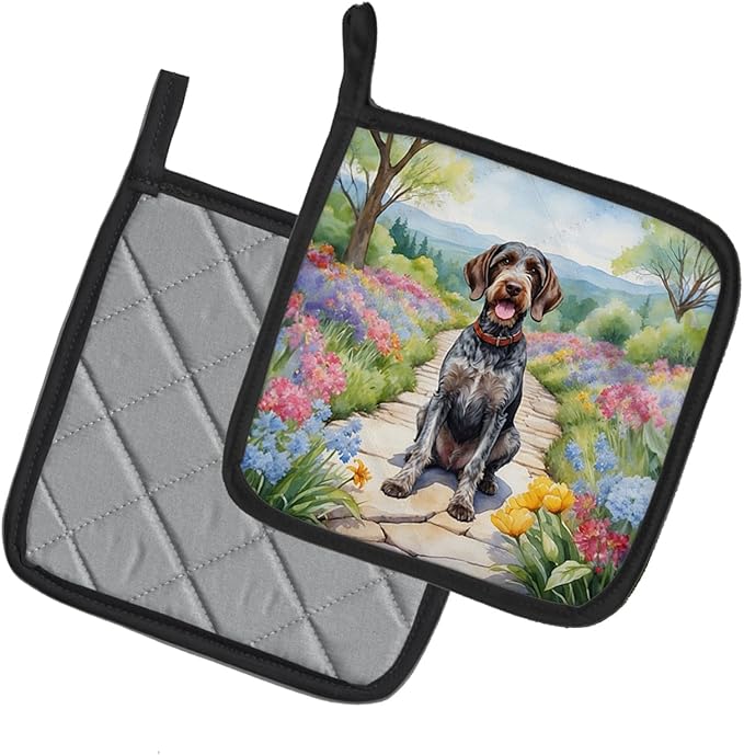 Caroline's Treasures German Wirehaired Pointer Spring Path Pair of Pot Holders Kitchen Heat Resistant Pot Holders Sets Oven Hot Pads for Cooking Baking BBQ, 7 1/2 x 7 1/2