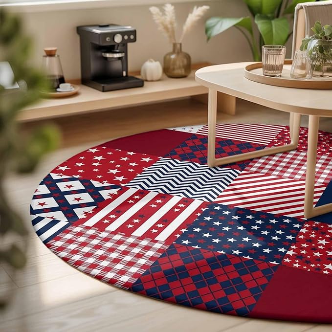 Washable Round Area Rug Abstract Splicing Stars Stripes Circle Rugs Floor Carpet for Living Room Bedroom, Independence Day Red Blue White Soft Non Slip Round Rug 3ft