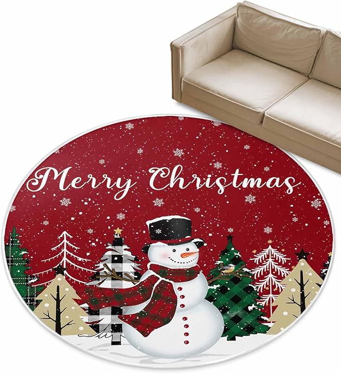 Round Area Rug,Christmas Snowman Green Pine Tree Circle Living Room Rug Non-Slip Rugs Indoor Carpet,Winter Snowflakes on Red Soft Comfort Rugs for Bedroom KidsRoom Nursery