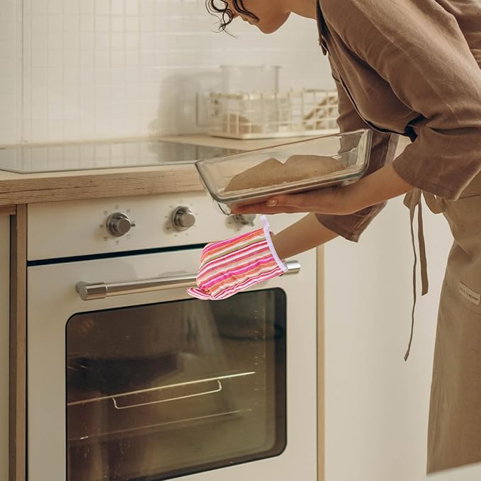 Heat Resistant Oven Mitt 26Cm Thickened Baking Glove with Colorful Stripe Pattern, Anti-Scald Grill Glove for Kitchen Cooking and Barbecue, Single Piece