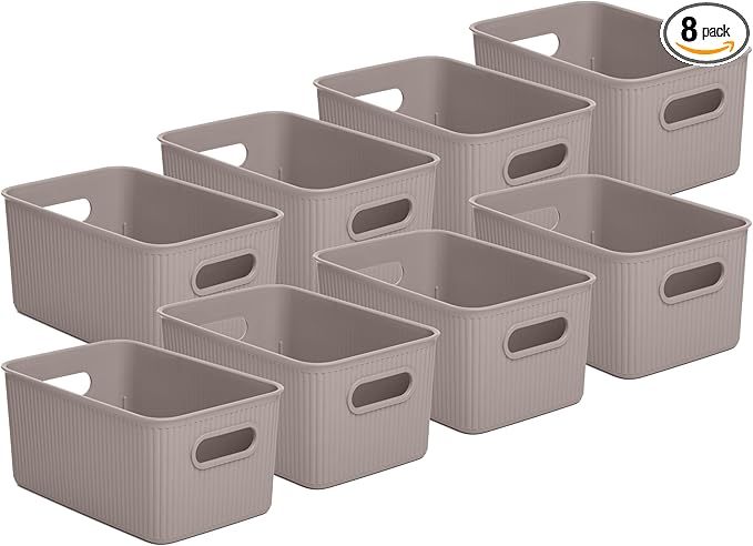 Superio Decorative Plastic Basket Open Home Storage Bins Organizer Baskets, Medium, Taupe (8 Pack) Container Boxes for Organizing Closet Storage Bins for Shelves Drawer Shelf, 5 Liter