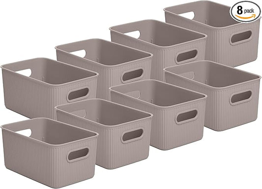 Superio Decorative Plastic Basket Open Home Storage Bins Organizer Baskets, Medium, Taupe (8 Pack) Container Boxes for Organizing Closet Storage Bins for Shelves Drawer Shelf, 5 Liter