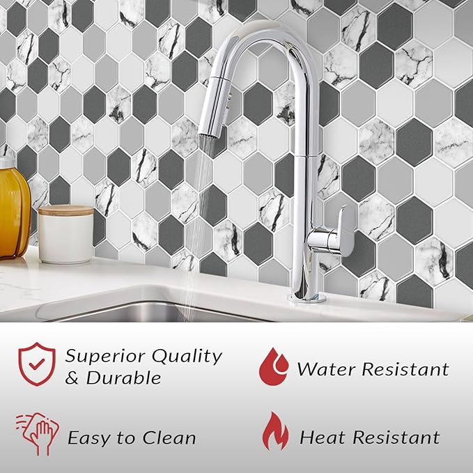 Décor Wow Peel & Stick Backsplash for Kitchen & Bathroom White & Grey Hexagon, 1 sq ft (8-Pack)
