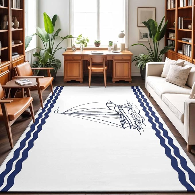 Area Rug 9x12ft, Summer Ocean Nautical Sailboat Washable Rugs for Living Room Bedroom Rectangle Floor Carpet, Marine Theme Navy Blue Stripe Soft Non-Slip Area Rugs for Dining Room