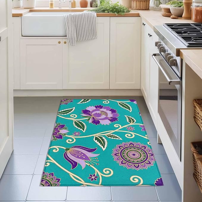 Area Rug 2x3ft, Bohemian Purple Flowers Washable Rugs for Living Room Bedroom, Paisley Floral Art Soft Non-Slip Area Rugs Rectangle Floor Carpet for Dining Room