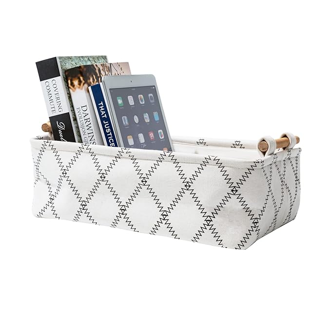 Decorative Collapsible Rectangular Fabric Storage Bin Organizer Basket with Wooden Handles for Clothes Storage,12.6x8.7x4.7 inch,White