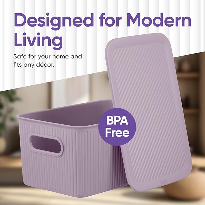 Superio Ribbed Collection - Decorative Plastic Basket Open Home Storage Bins Organizer, Lilac (Parent) Container Boxes for Organizing Closet Storage Bins for Shelves (Lid - Medium (5 Liter), 2 Pack)