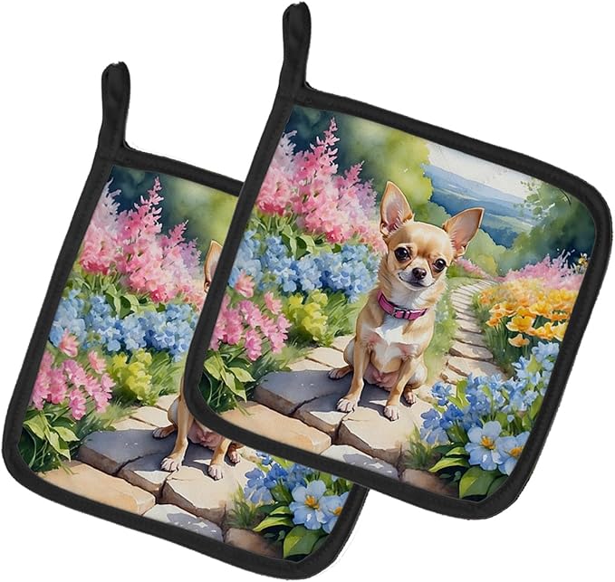 Caroline's Treasures Chihuahua Spring Path Pair of Pot Holders Kitchen Heat Resistant Pot Holders Sets Oven Hot Pads for Cooking Baking BBQ, 7 1/2 x 7 1/2