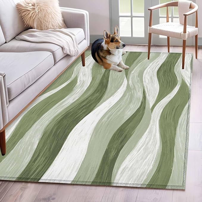 Area Rug 4x6ft, Modern Sage Green Gradient Stripe Washable Rugs for Living Room Bedroom, Abstract Ocean Wave Soft Non-Slip Area Rugs Rectangle Floor Carpet for Dining Room