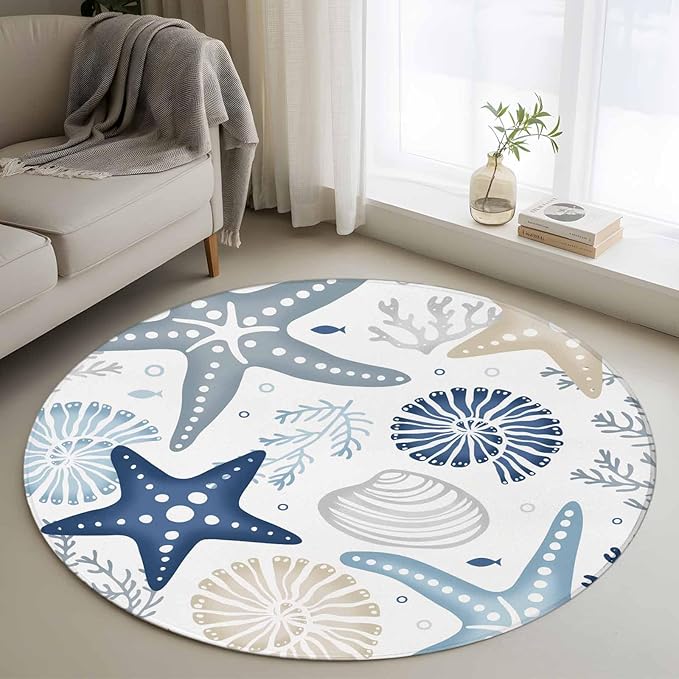 Washable Round Area Rug Ocean Starfish Shell Conch Circle Rugs Floor Carpet for Living Room Bedroom, Sea Blue Coral Seamless Soft Non Slip Round Rug 3ft