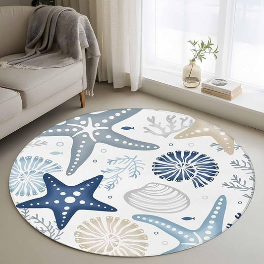 Washable Round Area Rug Ocean Starfish Shell Conch Circle Rugs Floor Carpet for Living Room Bedroom, Sea Blue Coral Seamless Soft Non Slip Round Rug 3ft