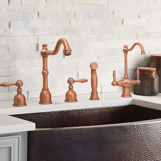 Akicon Two-Handles Copper Drinking Water Filter Faucet, Dual Lever Hot and Cold Water Faucet for Instant Hot Water Tank Dispenser & Filtration System (Classical Style)