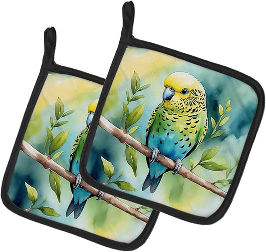 Caroline's Treasures Budgerigar Pair of Pot Holders Kitchen Heat Resistant Pot Holders Sets Oven Hot Pads for Cooking Baking BBQ, 7 1/2 x 7 1/2