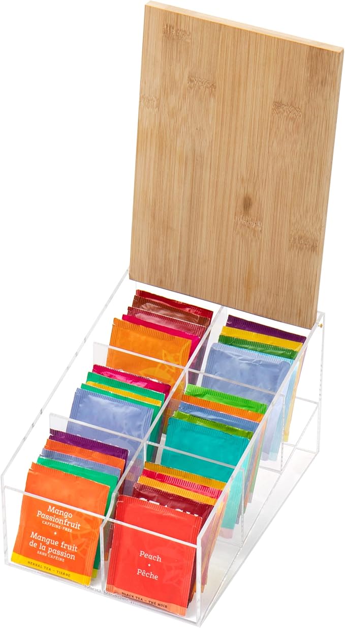 Mind Reader Tea Bag Organizer, Tea Station, Countertop Storage, Acrylic, 6.25"L x 9"W x 5.5"H, Brown