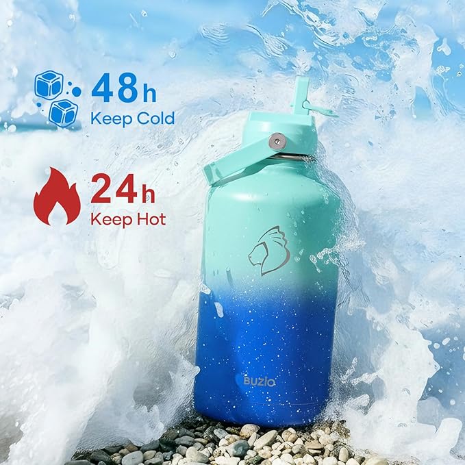 BUZIO 64oz Insulated Water Bottle with Straw Lid and Spout Cap, Stainless Steel Powder-Coat Water Flask, Keep Beverage Cold for 48 Hrs Hot for 24 Hrs Simple Thermo Canteen Mug, Starry Gradient Blue