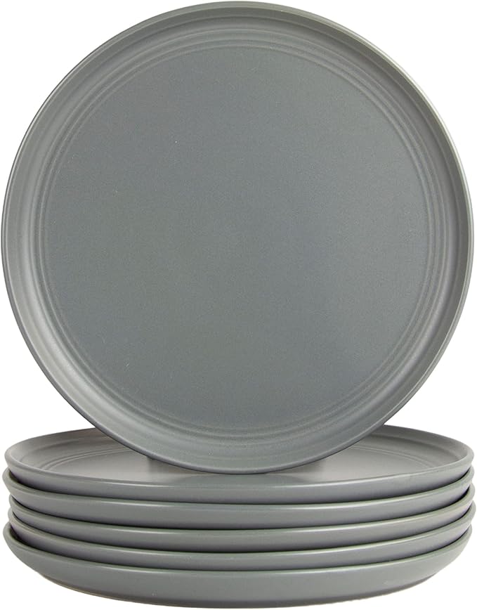 Double Line 10.5" Dinner Plate, Set of 6, Matte Gray