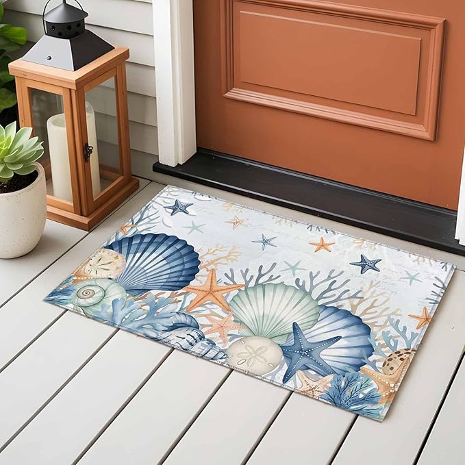 Area Rug 2x3ft, Underwater Shells Starfish on Blue Washable Rugs for Living Room Bedroom, Colorful Coral Soft Non-Slip Area Rugs Rectangle Floor Carpet for Dining Room