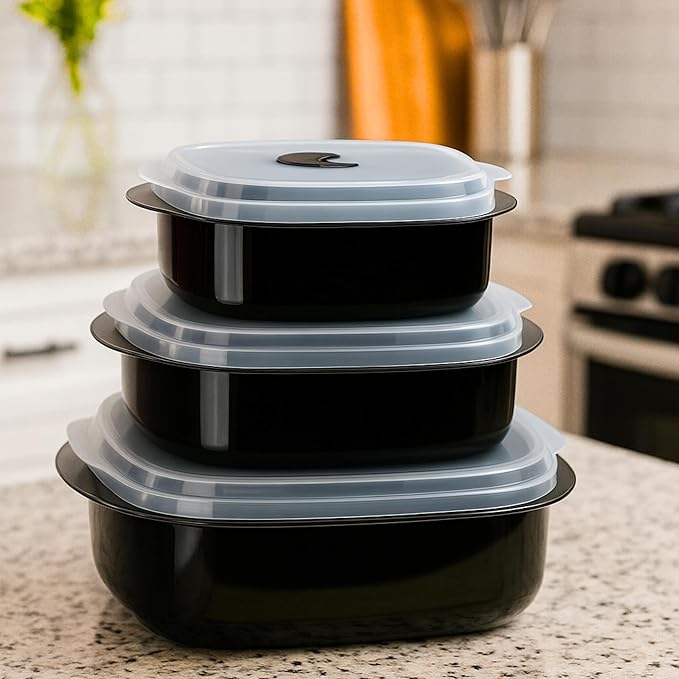 Calypso Basics by Reston Lloyd 6-Piece Microwave Cookware, Steamer and Storage Set, Black