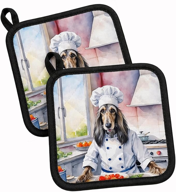 Caroline's Treasures Afghan Hound The Chef Pair of Pot Holders Kitchen Heat Resistant Pot Holders Sets Oven Hot Pads for Cooking Baking BBQ, 7 1/2 x 7 1/2