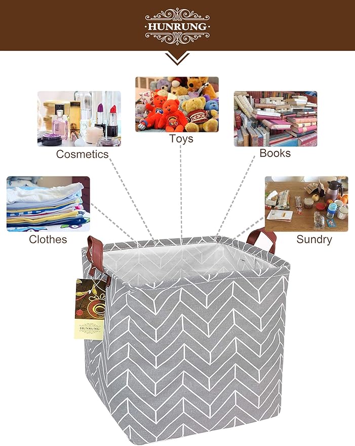 HUNRUNG Square Storage Bins Nursery Hamper Canvas Laundry Basket Foldable with Waterproof Nursery Boxes for Shelves/Gift Baskets/Toy Organizer/Office, Bedroom (Square-Grey wheat)