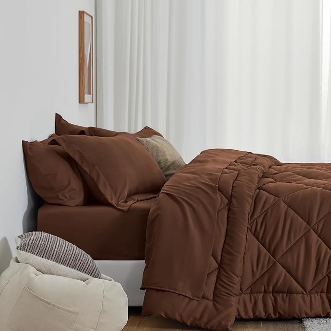 Love's cabin Queen Comforter Set Brown, 7 Pieces Queen Bed in a Bag, All Season Bedding Sets with 1 Comforter, 1 Flat Sheet, 1 Fitted Sheet, 2 Pillowcase and 2 Pillow Sham | Soft, Breathable, Lightweight, Comfortable