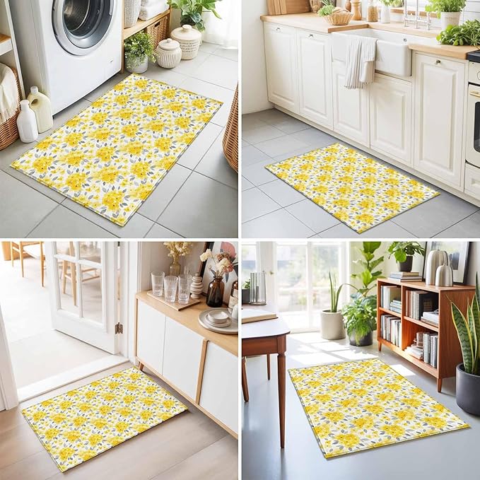 Area Rug 2x3ft, Summer Pastoral Yellow Flower Washable Rugs for Living Room Bedroom, Country Floral Leaf Theme Soft Non-Slip Area Rugs Rectangle Floor Carpet for Dining Room