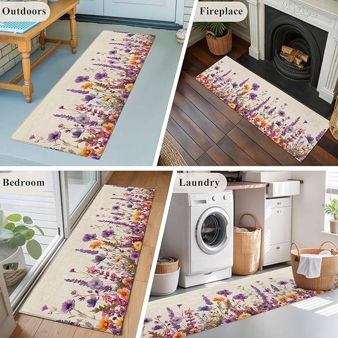 Runner Rug for Bedroom Hallway, Country Flower Purple Lavender Plant Kitchen Runner Rugs Area Rug 2x6ft, Retro Linen Washable Soft Floor Carpet for Entryway Stair