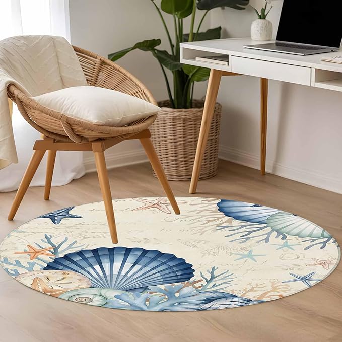 Washable Round Area Rug Summer Blue Shells Starfish Circle Rugs Floor Carpet for Living Room Bedroom, Vintage Coral Shells Fish Soft Non Slip Round Rug 4ft