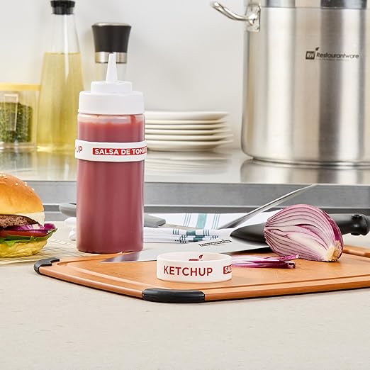 Restaurantware Silicone Squeeze Bottle Band 10 Count 2.75 Inch Dishwasher Safe Condiment Identification Band, Ketchup White Non-Slip Label Band for Condiment Labeling at Restaurants, Food Trucks