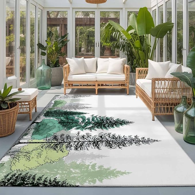 Area Rug 3x5ft, Minimalist Pine Tree Washable Rugs for Living Room Bedroom, Farmhouse Watercolor Plants Soft Non-Slip Area Rugs Rectangle Floor Carpet for Dining Room