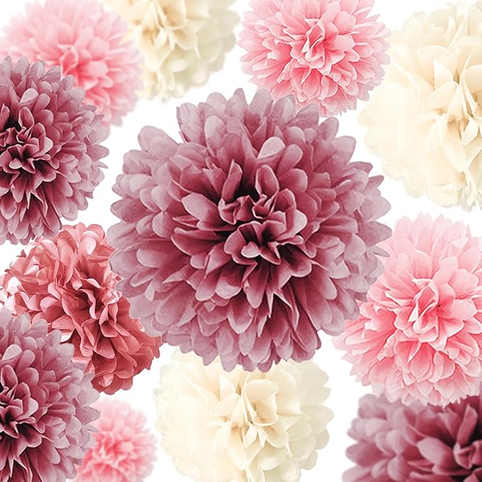 NICROLANDEE 15PCS Dusty Rose Blush Pink Tissue Pom Poms Flowers for Wedding, Bridal Shower, Sweet Birthday, Baby Shower, Engagement, Bachelorettes, Valentine Pink Party Decorations Paper Garland