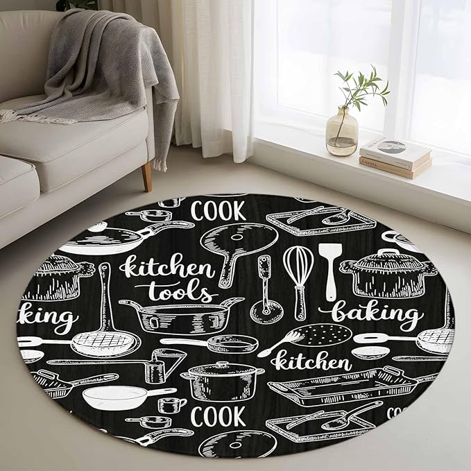 Black Kitchen Tools 4ft Round Rug, Modern Cooking Utensil Non-Skid Rubber Backing Large Area Rugs - Living Room Bedroom Home Office, Farmhouse Cookware Indoor Floor Mat Carpets Washable Rug