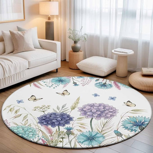 Washable Round Area Rug Spring Flower Thistle Hydrangea Circle Rugs Floor Carpet for Living Room Bedroom, Wild Garden Floral Butterfly Soft Non Slip Round Rug 3ft