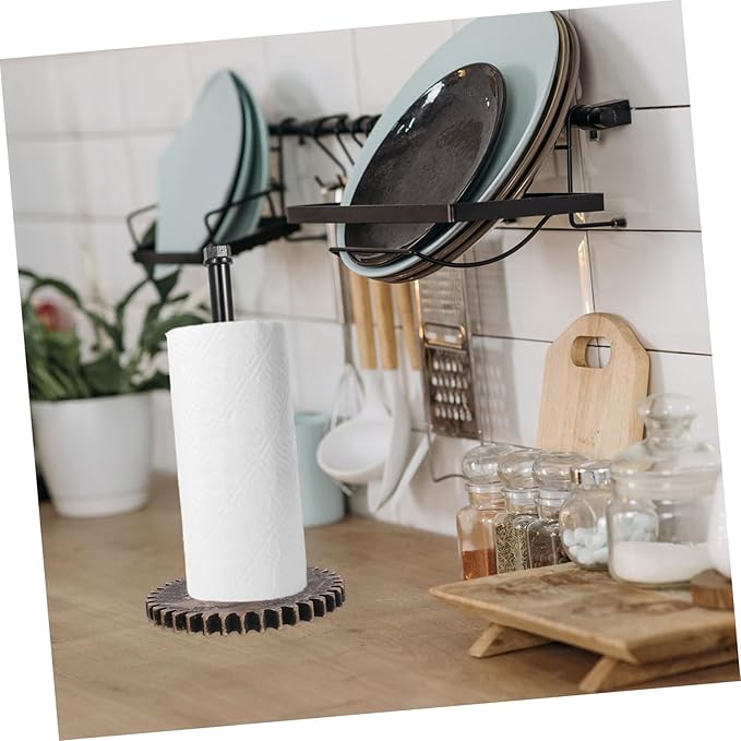 HOMSFOU Rustic Industrial Paper Towel Holder Freestanding Design for Kitchen and Bathroom Vintage Iron Pipe Stand for Paper Towels and Wrap Space-Saving Countertop Organizer