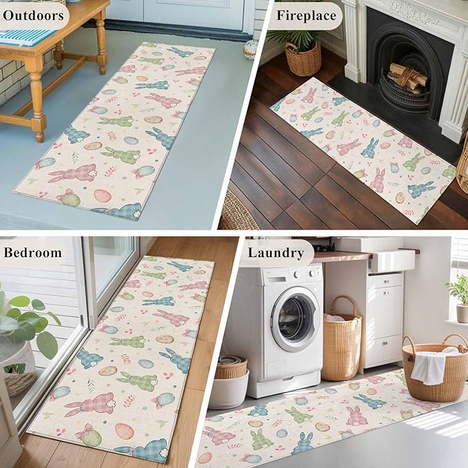 Runner Rug for Bedroom Hallway, Happy Easter Cute Plaid Bunny Kitchen Runner Rugs Area Rug 2x6ft, Colorful Egg Leaves Farm Linen Washable Soft Floor Carpet for Entryway Stair