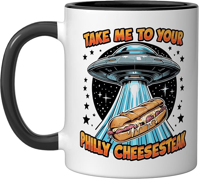 Take Me to Your Philly Cheesesteak UFO Philly Cheesesteak Ceramic Mug, Black/White